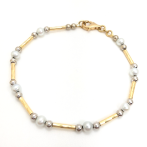 14K Yellow Gold Vintage Two- Tone Pearl Station Bracelet OAK437
