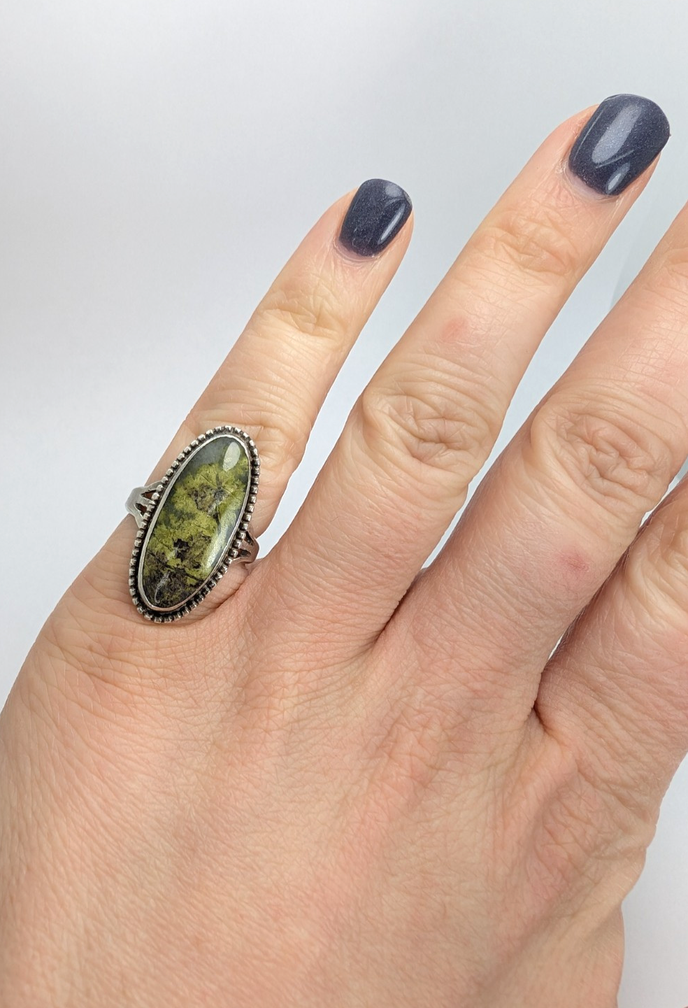 Sterling Silver 925 Beaded Framed Green Turquoise Oval Gemstone Ring O1651 - Image 6