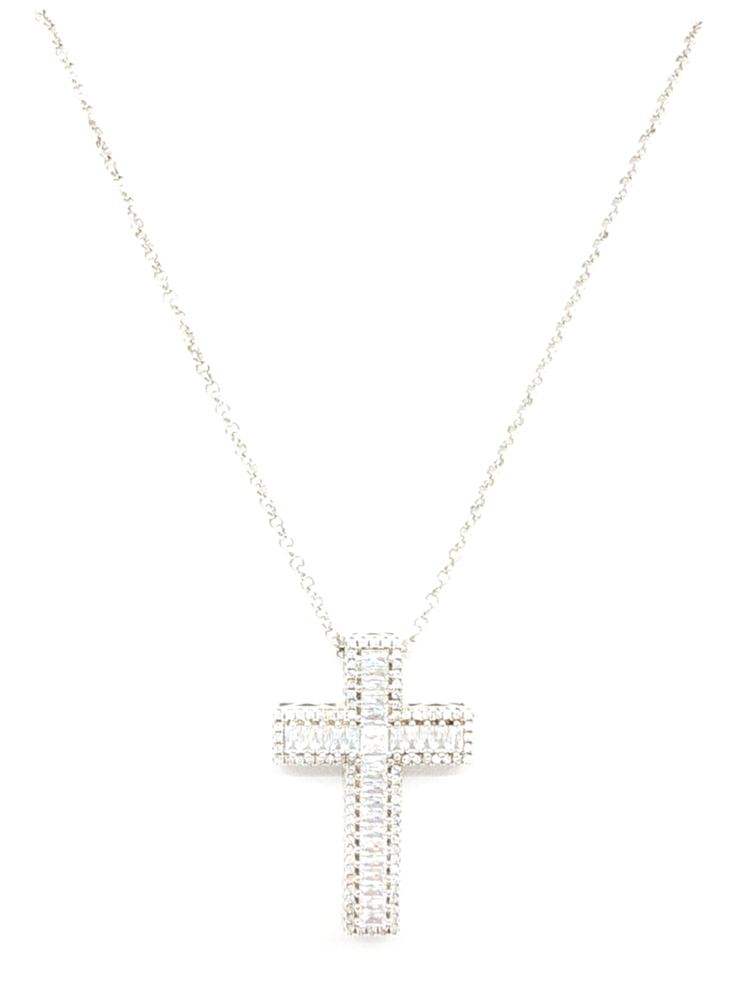 Sterling Silver 925 18" Necklace Glass Cross Rolo R503- FOX1426