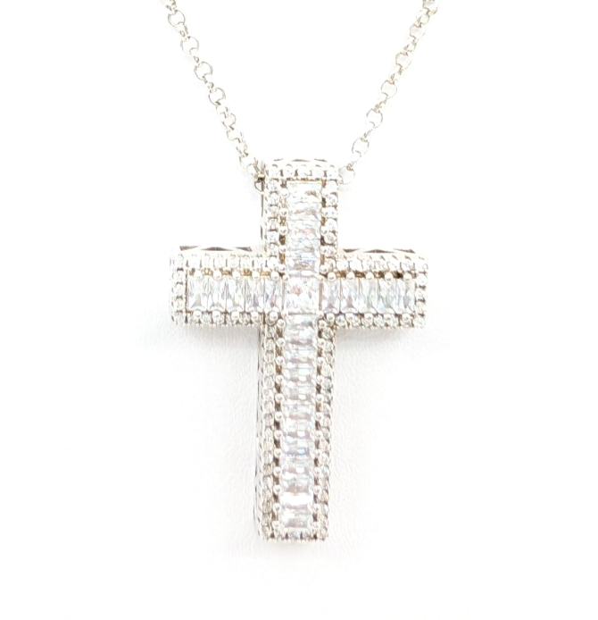 Sterling Silver 925 18" Necklace Glass Cross Rolo R503- FOX1426 - Image 7