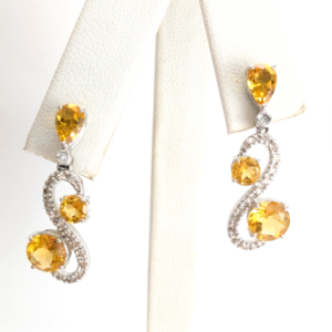 14K White Gold Citrine Gemstone Diamond Dangle Earrings FOX1591