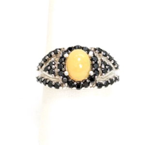 Sterling Silver 925 Ring Golden Opal Black Glass Halo 11688