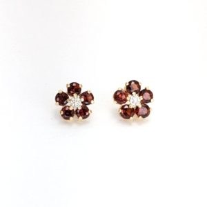 14K Yellow Gold Garnet Flower Stud Earrings 11672