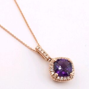 14K Rose Gold Amethyst Diamond Halo 16" Necklace Oak587