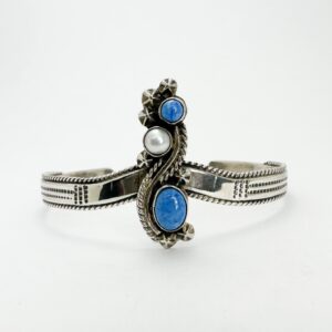 James S. Sterling Silver 925 Vintage Turquoise & Pearl Cuff 7-7.5" Bracelet O08