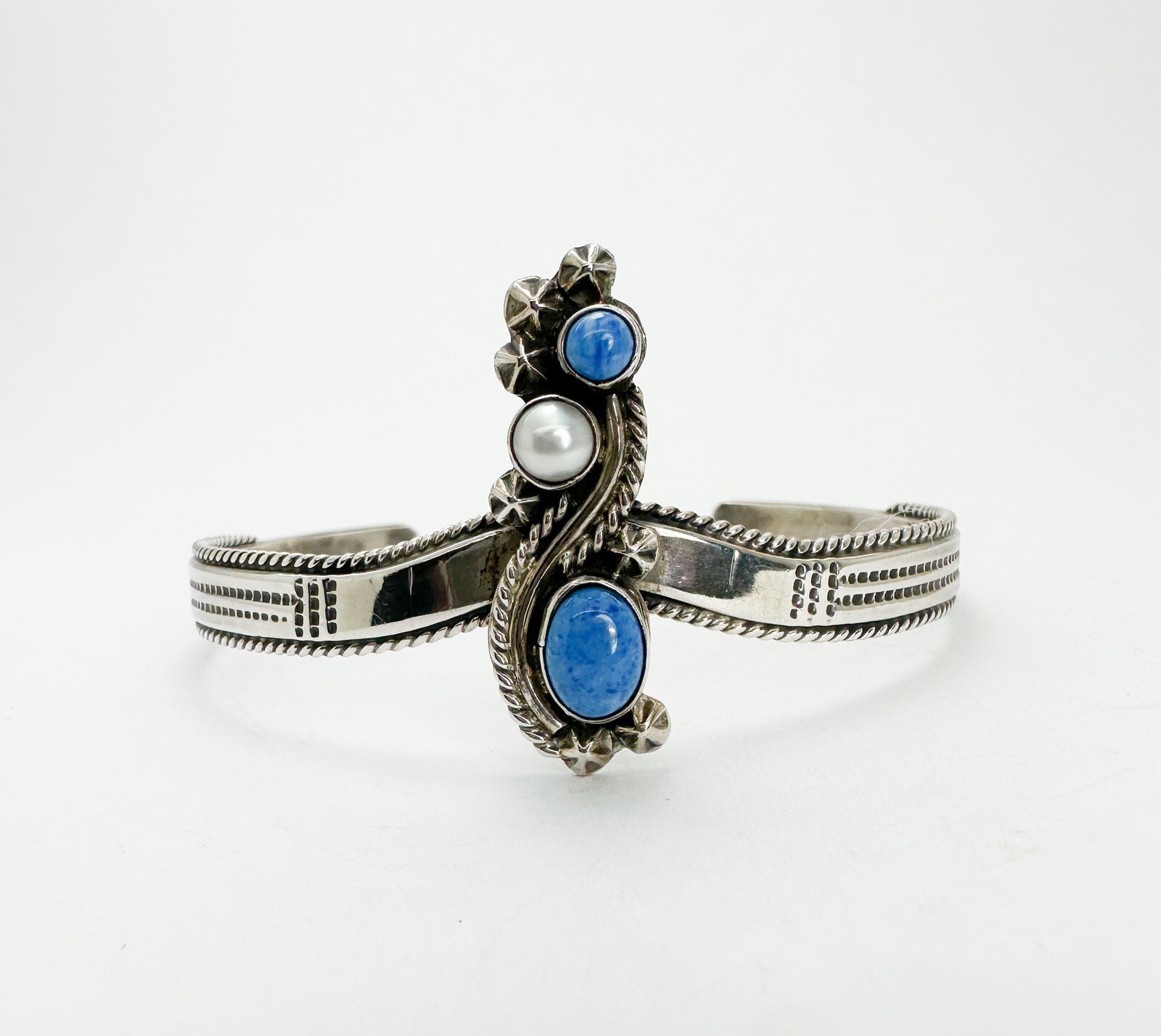 James S. Sterling Silver 925 Vintage Turquoise & Pearl Cuff 7-7.5" Bracelet O08