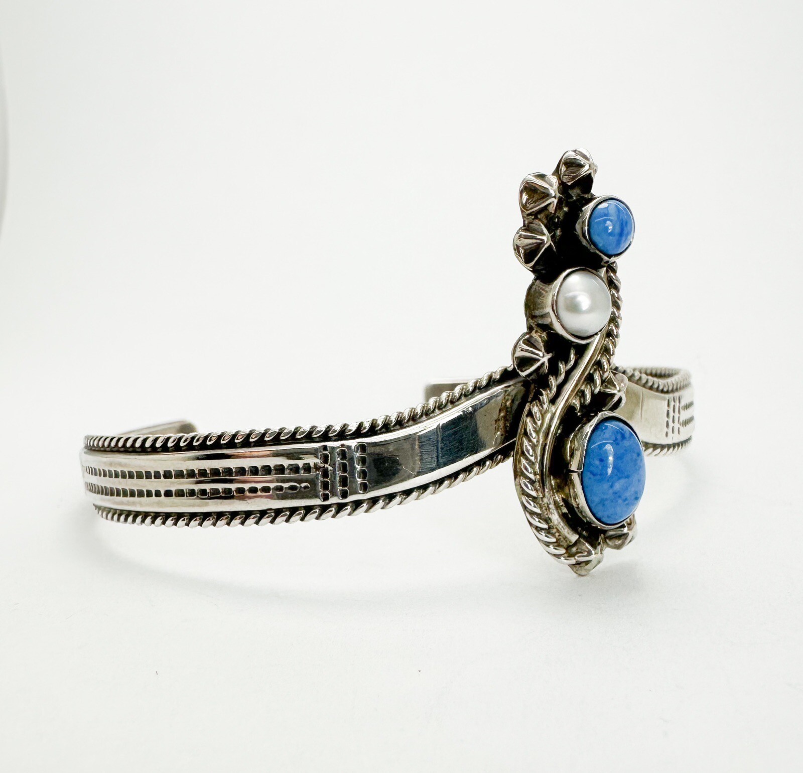 James S. Sterling Silver 925 Vintage Turquoise & Pearl Cuff 7-7.5" Bracelet O08 - Image 2