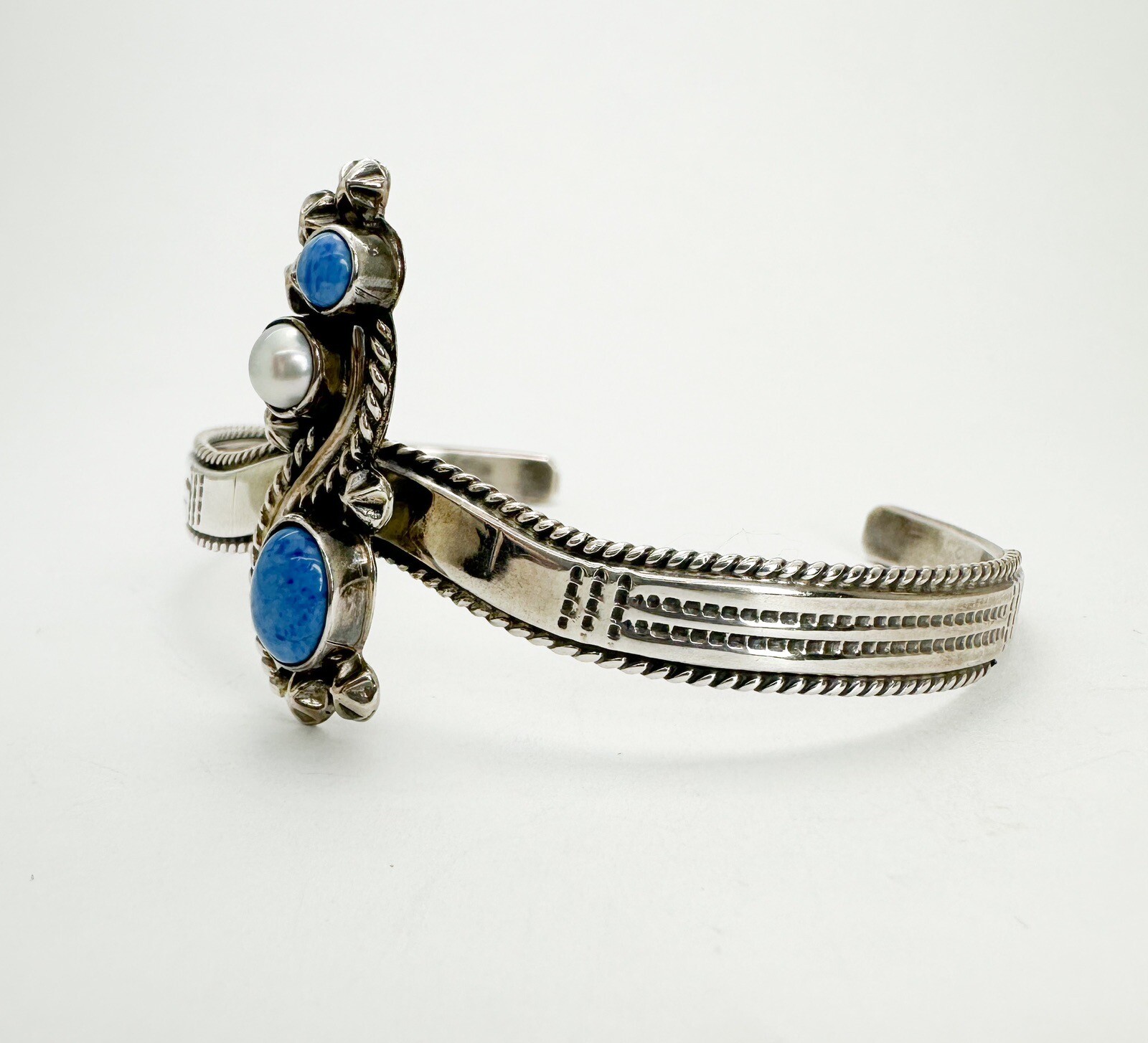 James S. Sterling Silver 925 Vintage Turquoise & Pearl Cuff 7-7.5" Bracelet O08 - Image 3