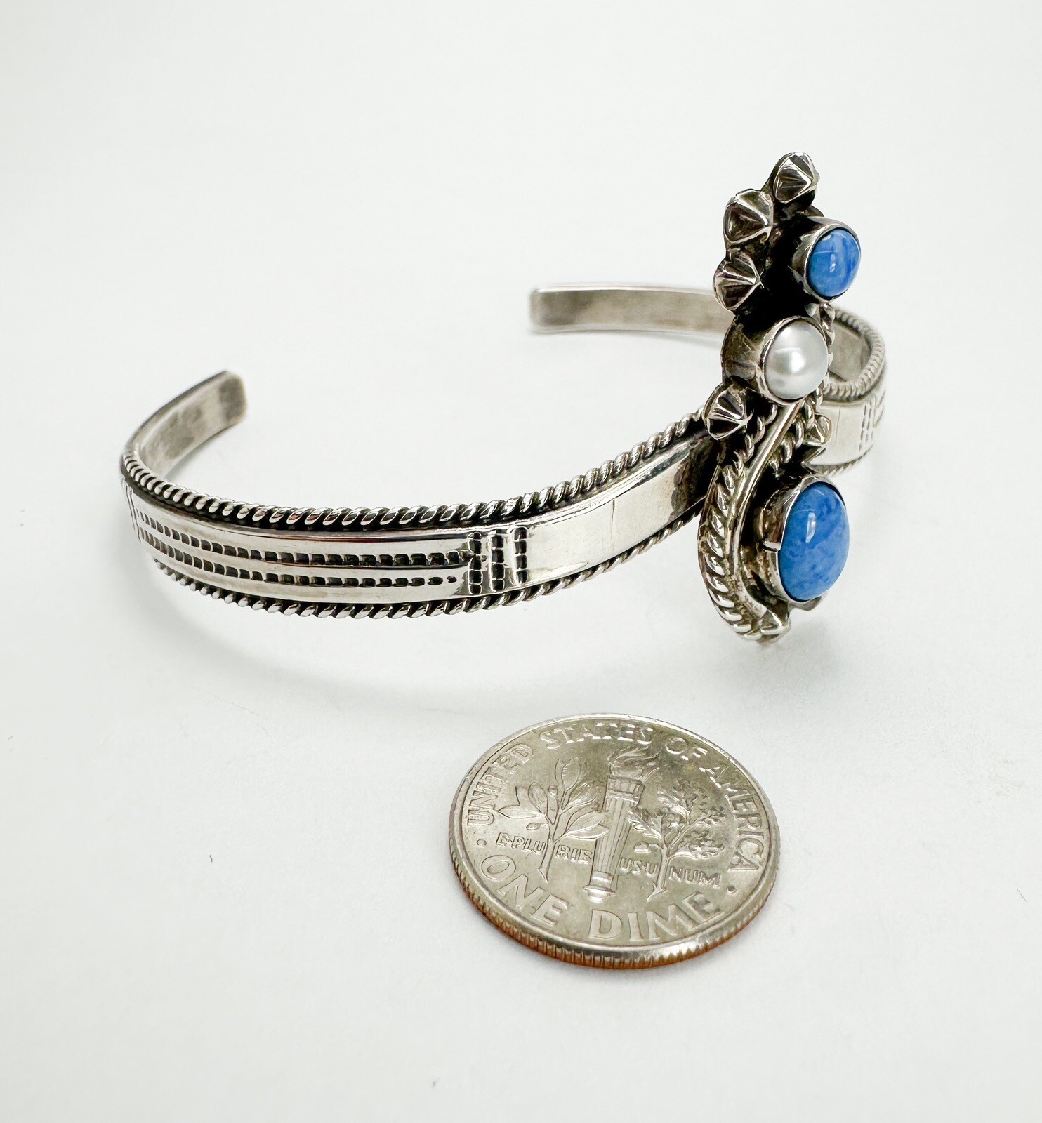 James S. Sterling Silver 925 Vintage Turquoise & Pearl Cuff 7-7.5" Bracelet O08 - Image 6