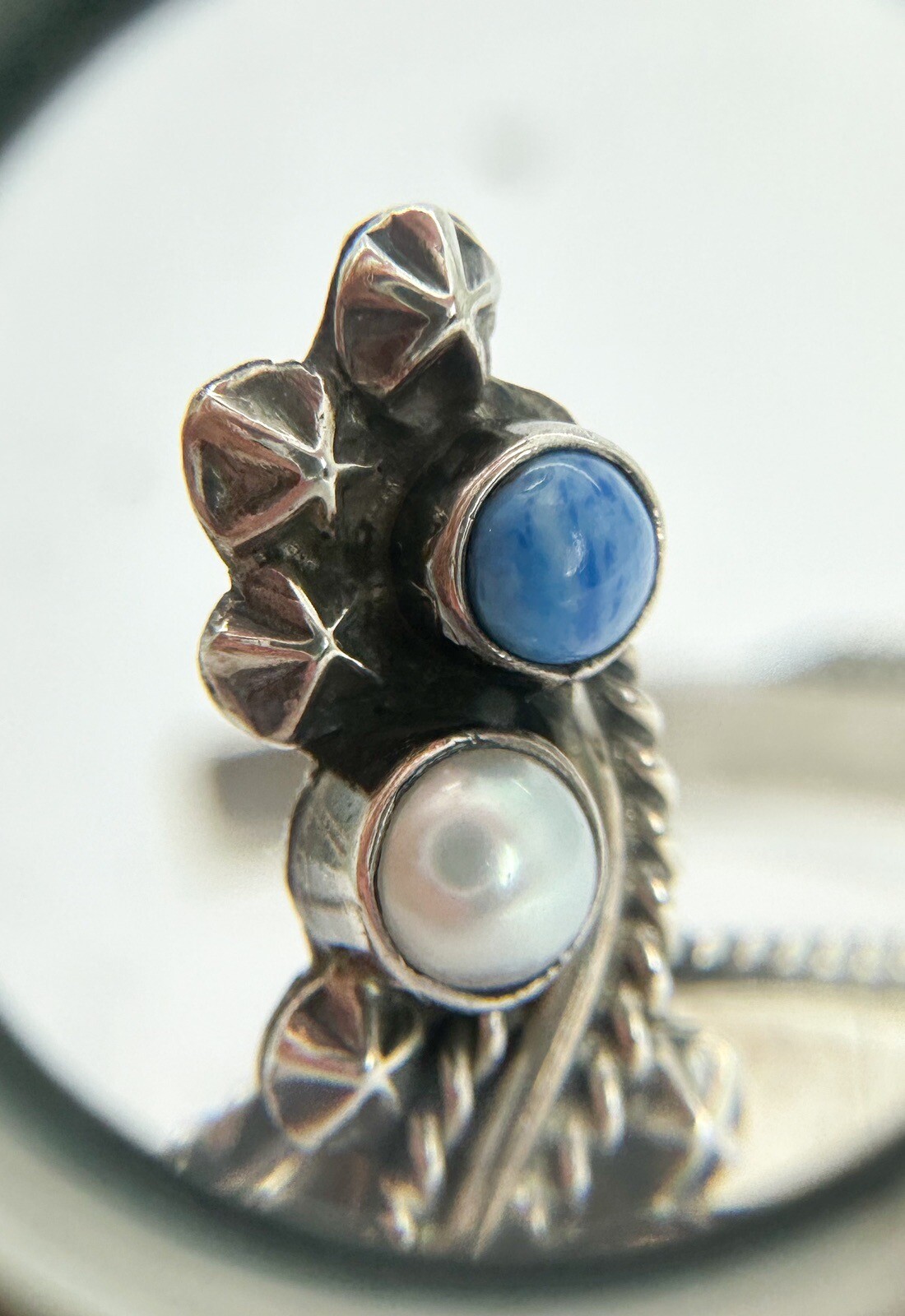 James S. Sterling Silver 925 Vintage Turquoise & Pearl Cuff 7-7.5" Bracelet O08 - Image 7