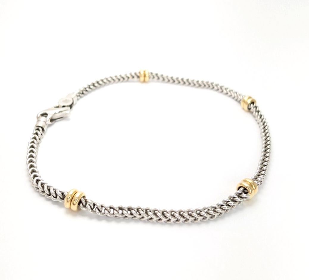 14K White & Yellow Gold Two Tone Wheat Station Bracelet FOX2039 - Image 2