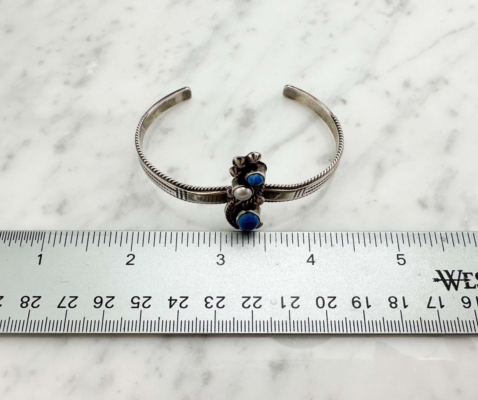 James S. Sterling Silver 925 Vintage Turquoise & Pearl Cuff 7-7.5" Bracelet O08 - Image 10