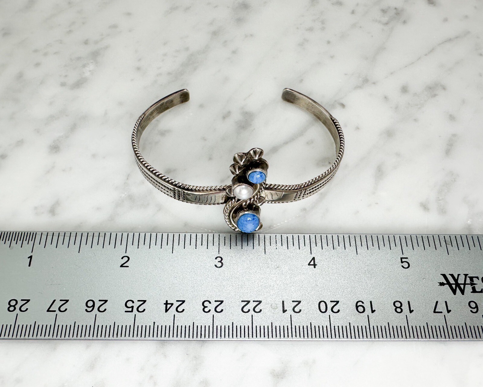 James S. Sterling Silver 925 Vintage Turquoise & Pearl Cuff 7-7.5" Bracelet O08 - Image 11