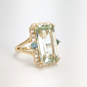 14K Gold Prasiolite Blue Topaz & Diamond Accent Gemstone Cocktail Ring FOX1852