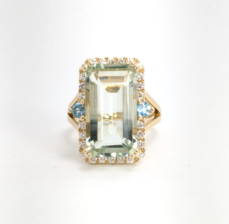 14K Gold Prasiolite Blue Topaz & Diamond Accent Gemstone Cocktail Ring FOX1852 - Image 2