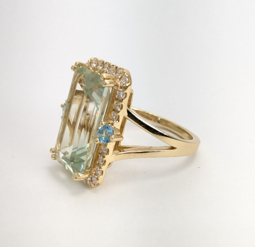 14K Gold Prasiolite Blue Topaz & Diamond Accent Gemstone Cocktail Ring FOX1852 - Image 3