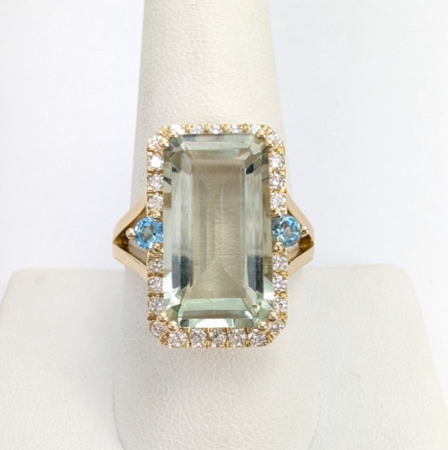 14K Gold Prasiolite Blue Topaz & Diamond Accent Gemstone Cocktail Ring FOX1852 - Image 4