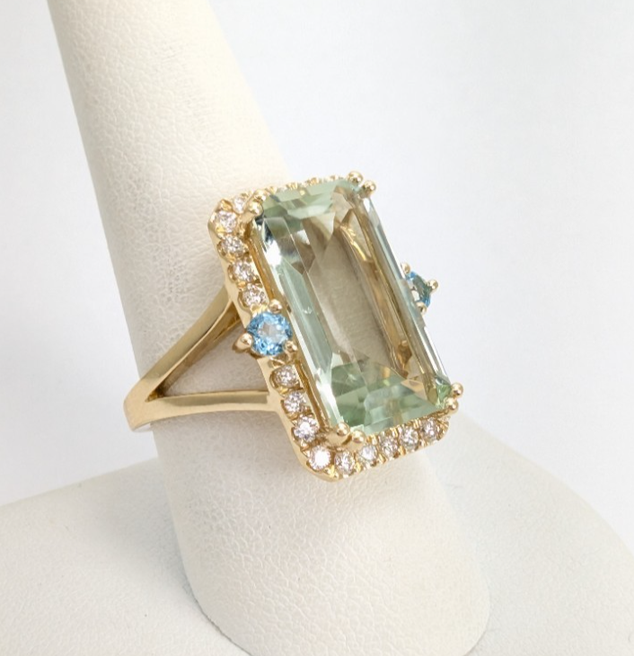 14K Gold Prasiolite Blue Topaz & Diamond Accent Gemstone Cocktail Ring FOX1852 - Image 5