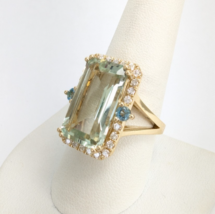 14K Gold Prasiolite Blue Topaz & Diamond Accent Gemstone Cocktail Ring FOX1852 - Image 6
