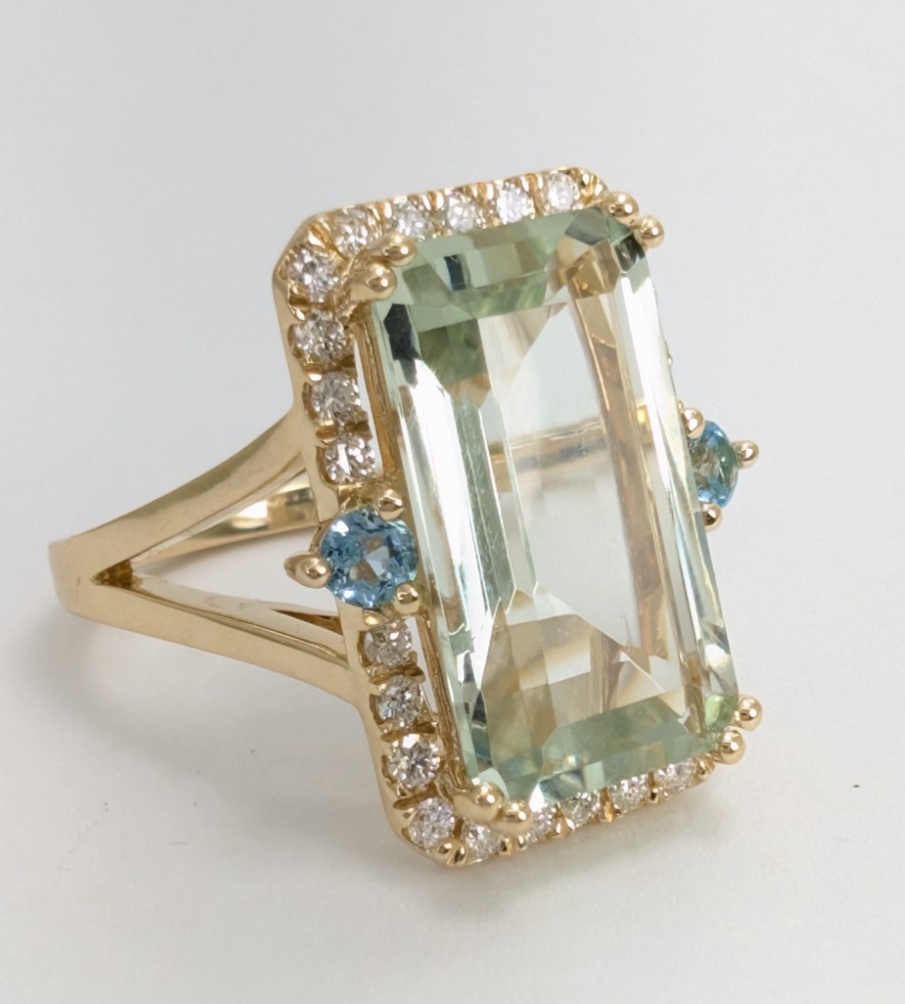 14K Gold Prasiolite Blue Topaz & Diamond Accent Gemstone Cocktail Ring FOX1852 - Image 7