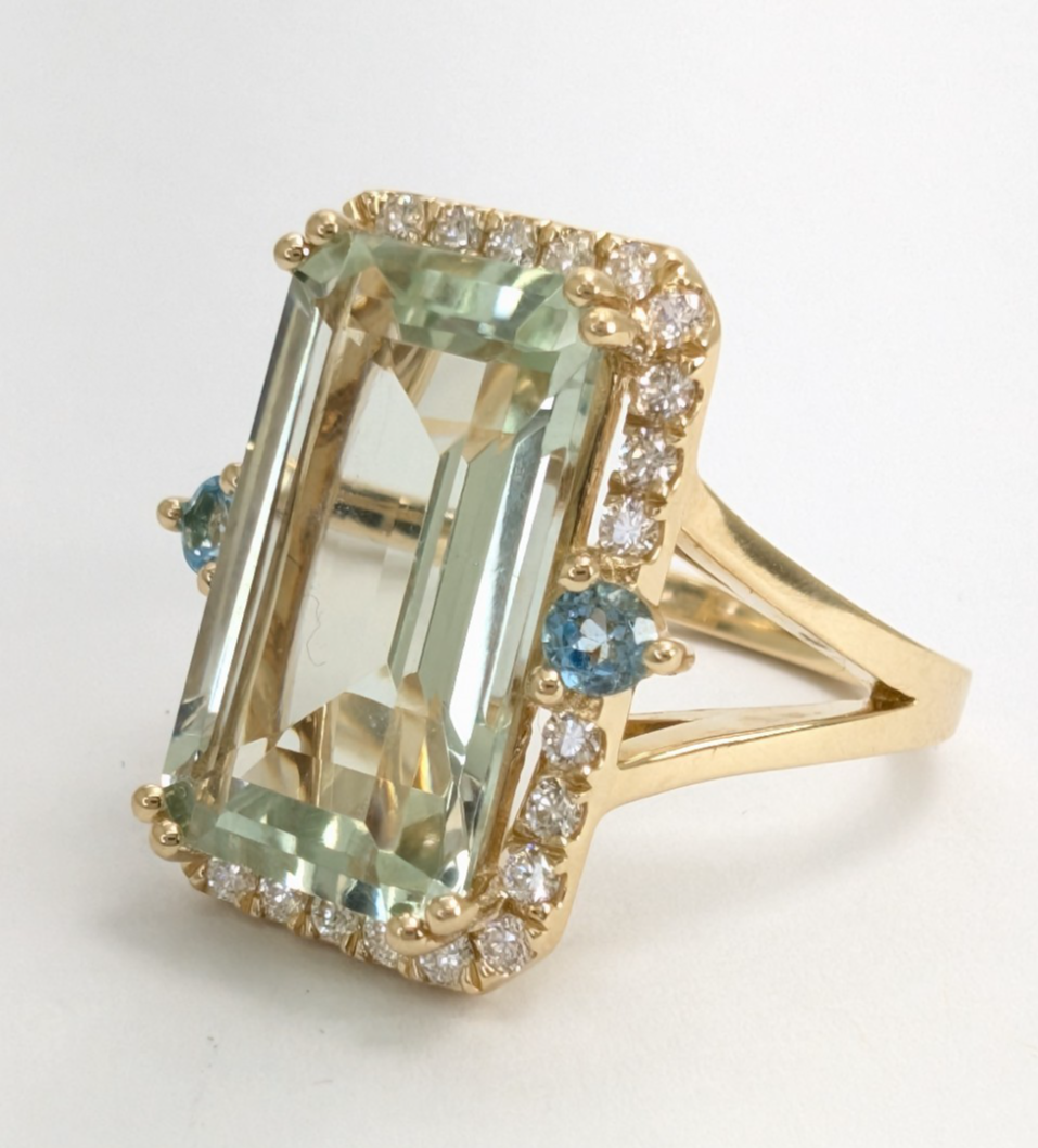 14K Gold Prasiolite Blue Topaz & Diamond Accent Gemstone Cocktail Ring FOX1852 - Image 8