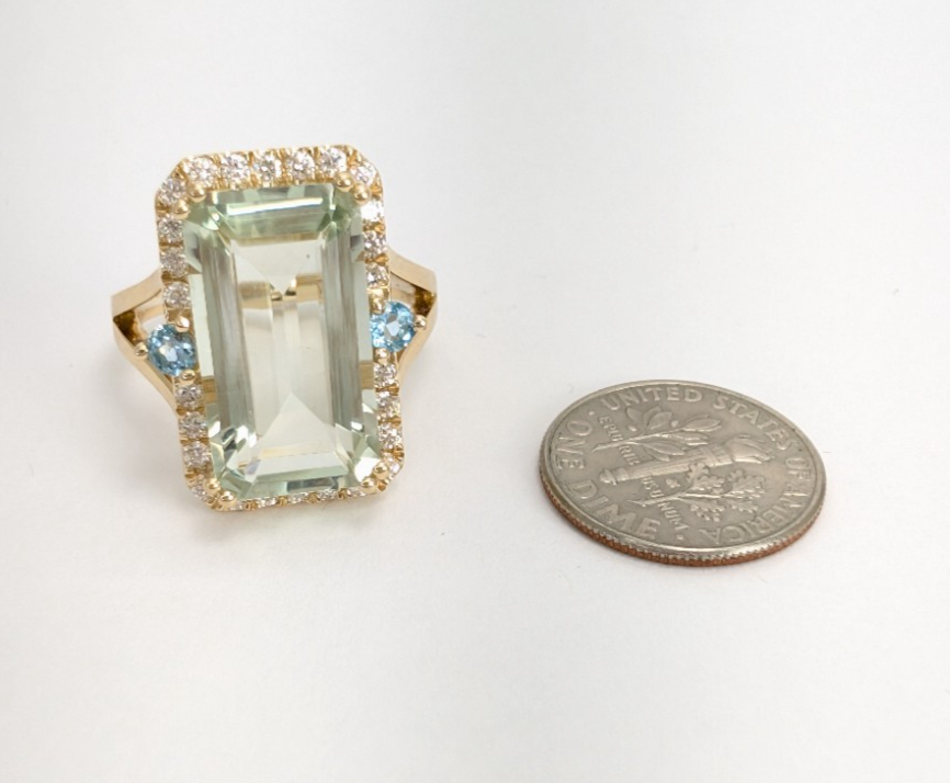 14K Gold Prasiolite Blue Topaz & Diamond Accent Gemstone Cocktail Ring FOX1852 - Image 12