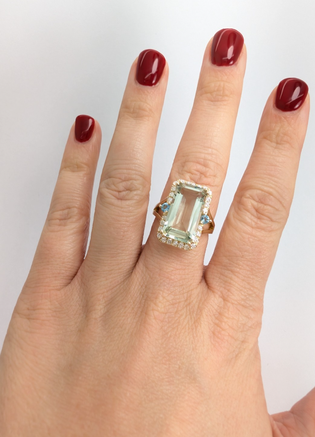 14K Gold Prasiolite Blue Topaz & Diamond Accent Gemstone Cocktail Ring FOX1852 - Image 14