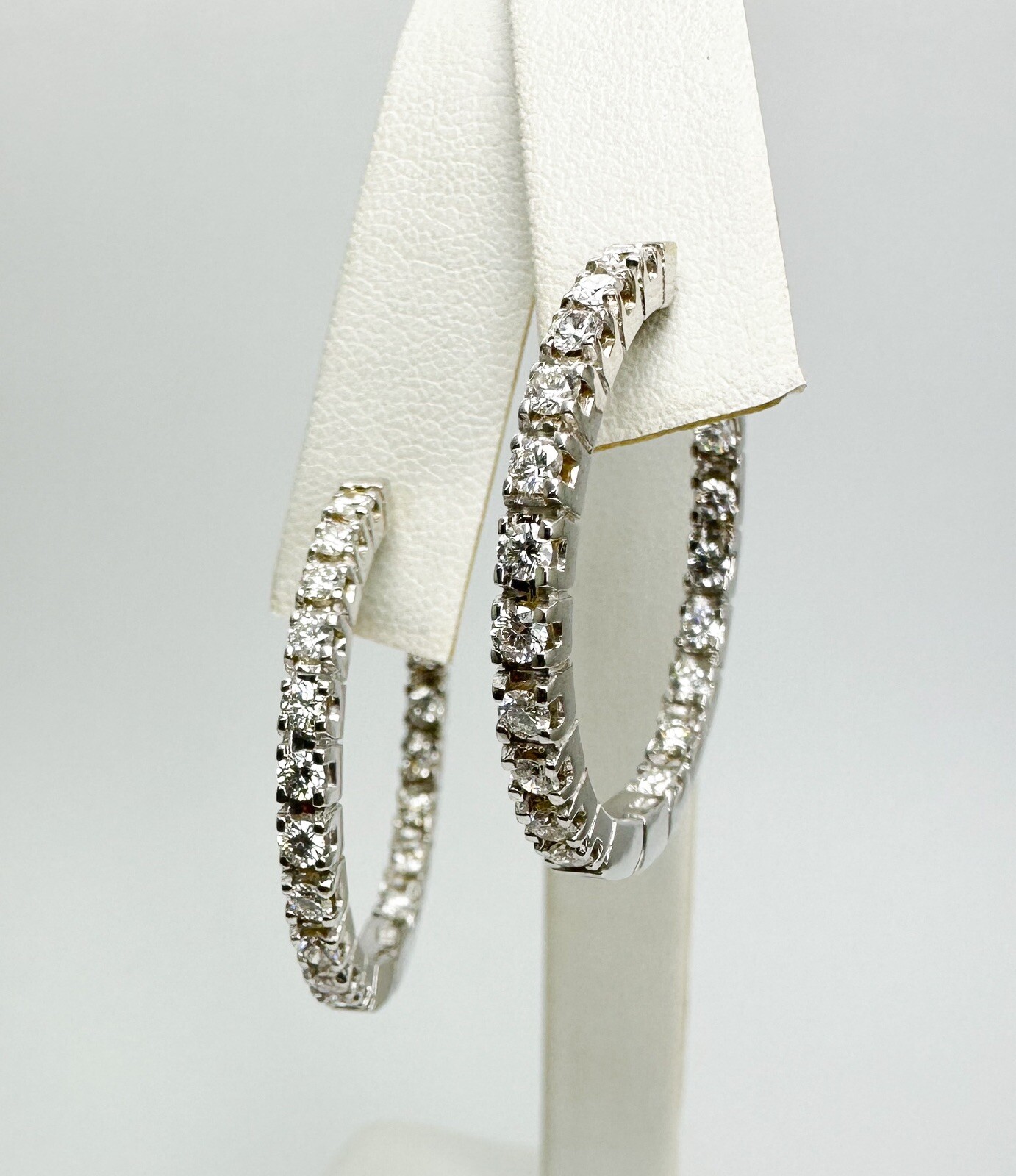 18K White Gold 2 ctw Inside Outside 1 inch Diamond Hoop Earrings L416 - Image 2