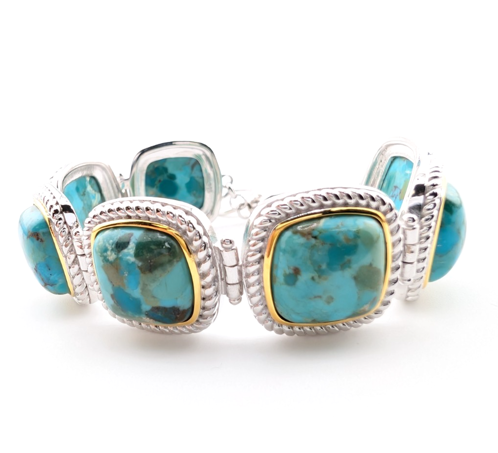 Sterling Silver 925 Two Tone Blue Turquise Cushion Cut Bracelet 17273