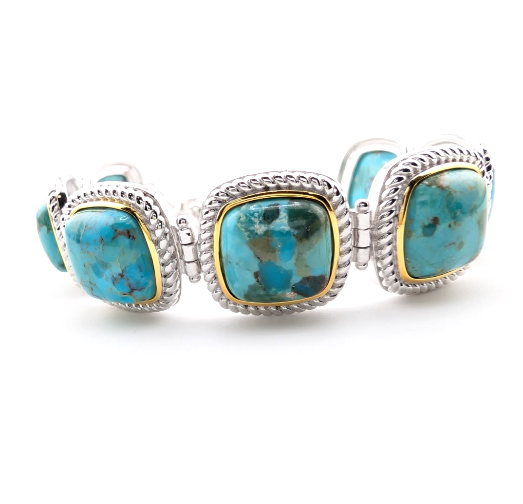 Sterling Silver 925 Two Tone Blue Turquise Cushion Cut Bracelet 17273 - Image 4