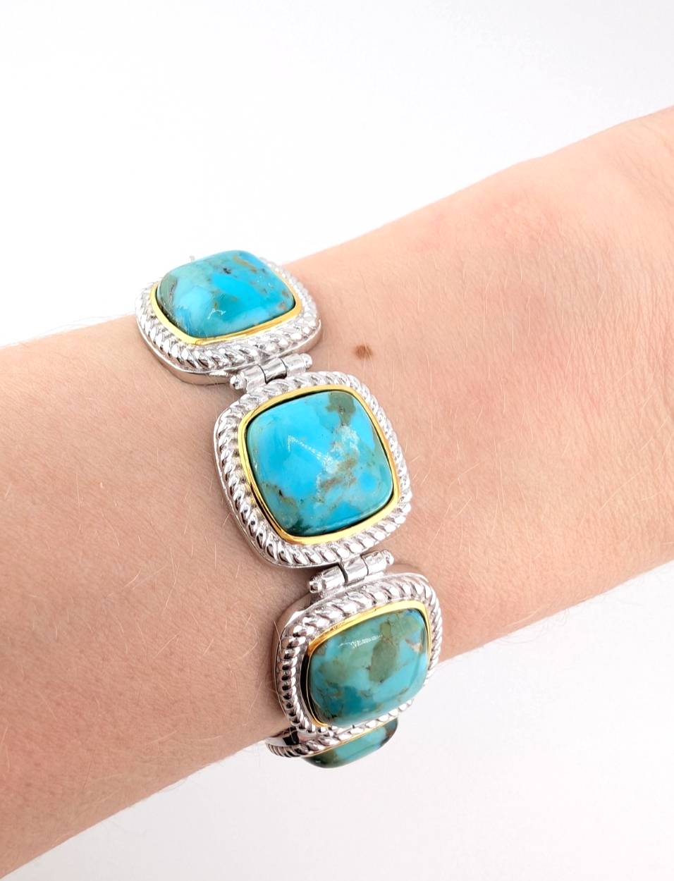 Sterling Silver 925 Two Tone Blue Turquise Cushion Cut Bracelet 17273 - Image 17