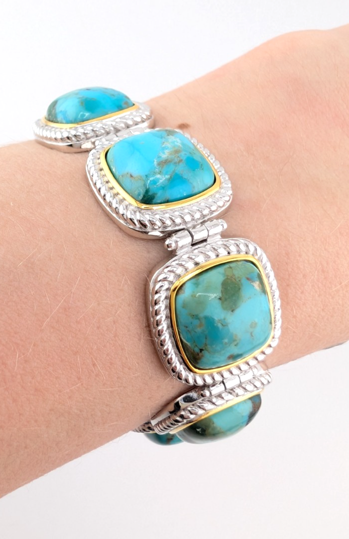 Sterling Silver 925 Two Tone Blue Turquise Cushion Cut Bracelet 17273 - Image 18