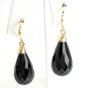 14K Gold Earrings 1.5" Onyx Dangle P977- OAK380