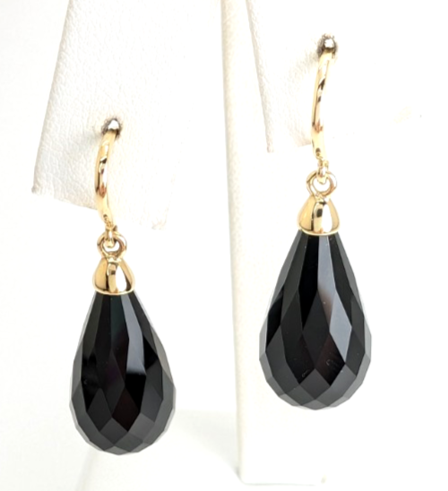 14K Gold Earrings 1.5" Onyx Dangle P977- OAK380