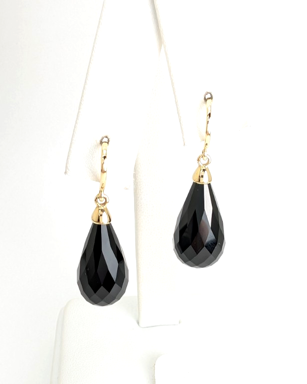 14K Gold Earrings 1.5" Onyx Dangle P977- OAK380 - Image 2