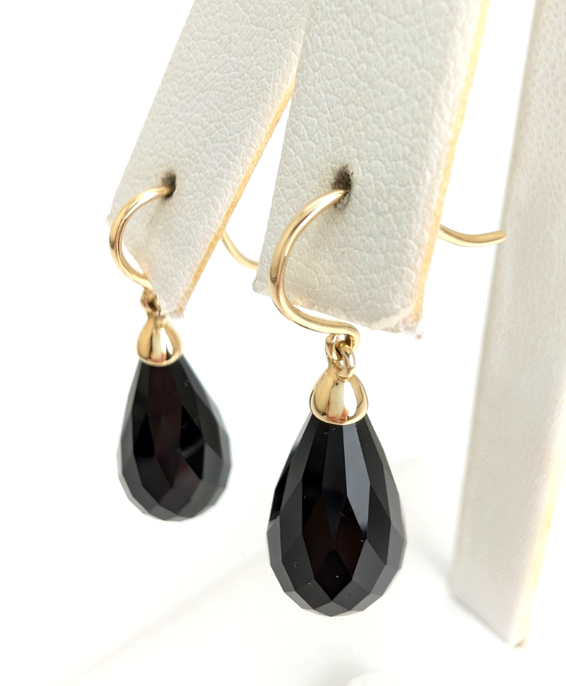 14K Gold Earrings 1.5" Onyx Dangle P977- OAK380 - Image 4