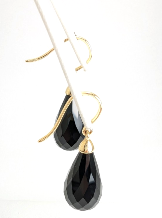 14K Gold Earrings 1.5" Onyx Dangle P977- OAK380 - Image 5