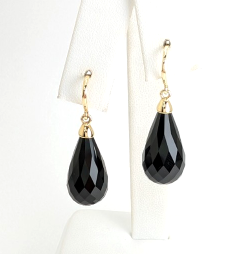 14K Gold Earrings 1.5" Onyx Dangle P977- OAK380 - Image 6