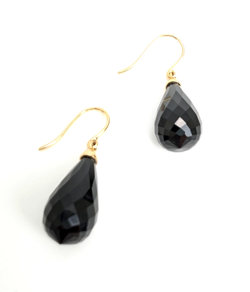 14K Gold Earrings 1.5" Onyx Dangle P977- OAK380 - Image 8