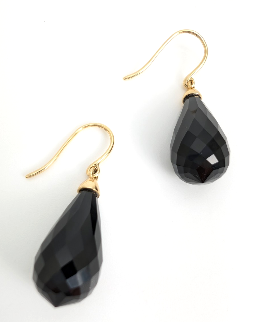 14K Gold Earrings 1.5" Onyx Dangle P977- OAK380 - Image 9