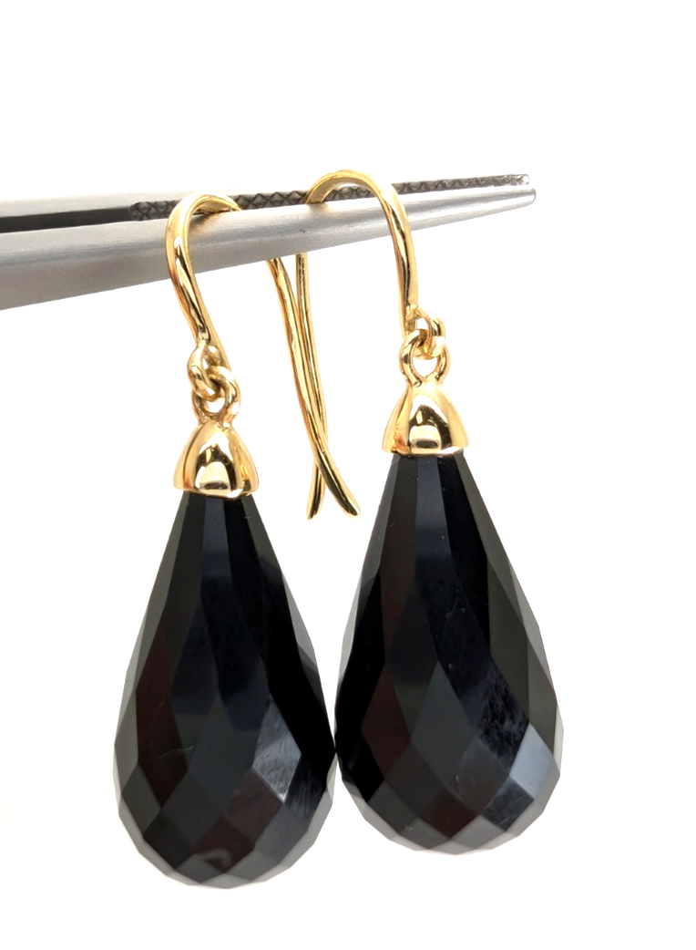 14K Gold Earrings 1.5" Onyx Dangle P977- OAK380 - Image 11