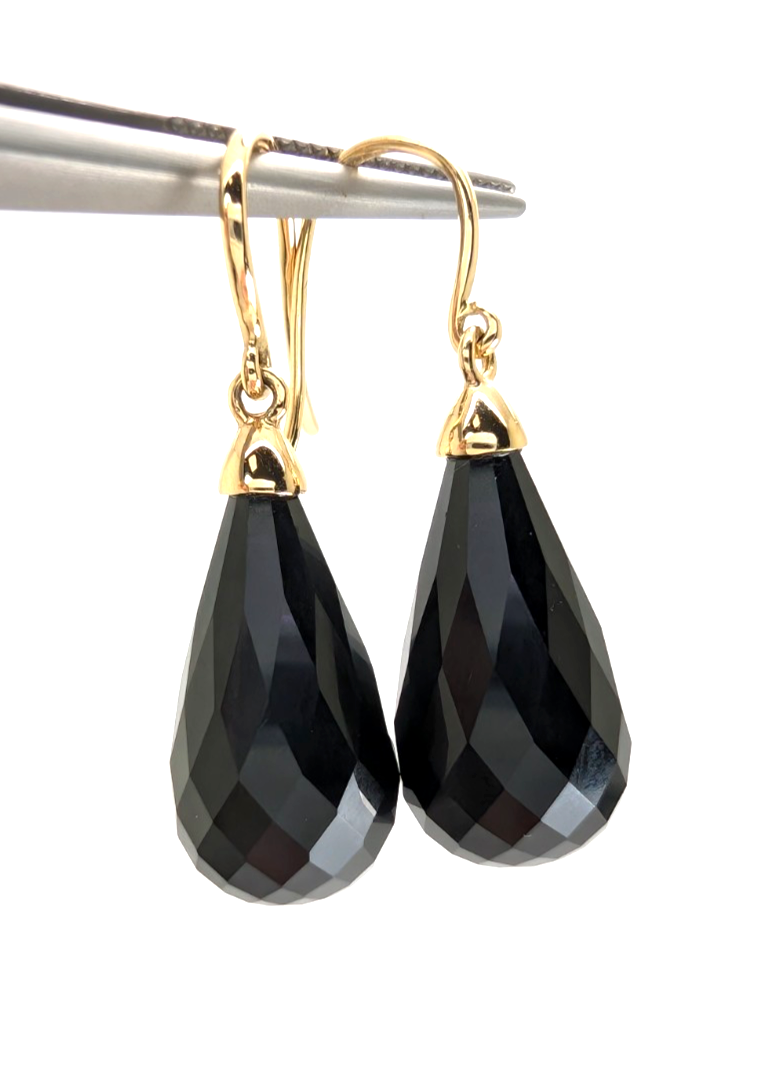 14K Gold Earrings 1.5" Onyx Dangle P977- OAK380 - Image 14