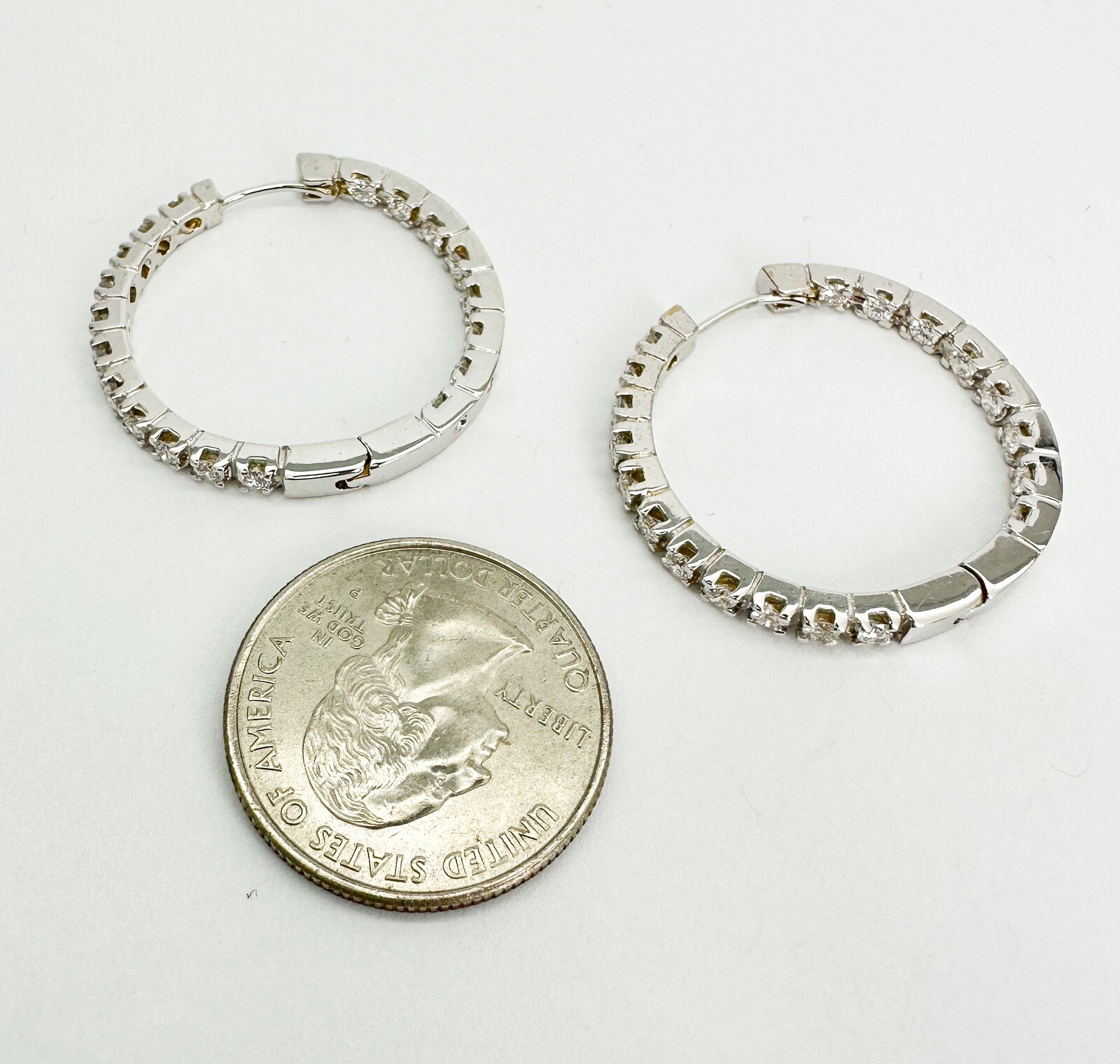 18K White Gold 2 ctw Inside Outside 1 inch Diamond Hoop Earrings L416 - Image 9