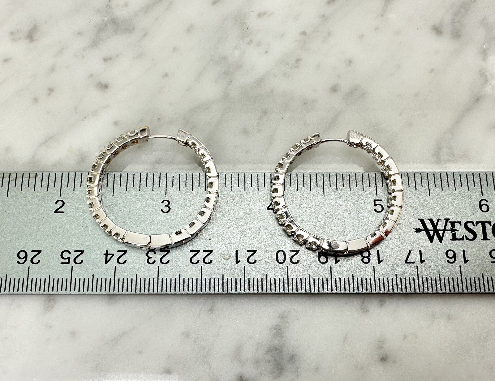 18K White Gold 2 ctw Inside Outside 1 inch Diamond Hoop Earrings L416 - Image 11