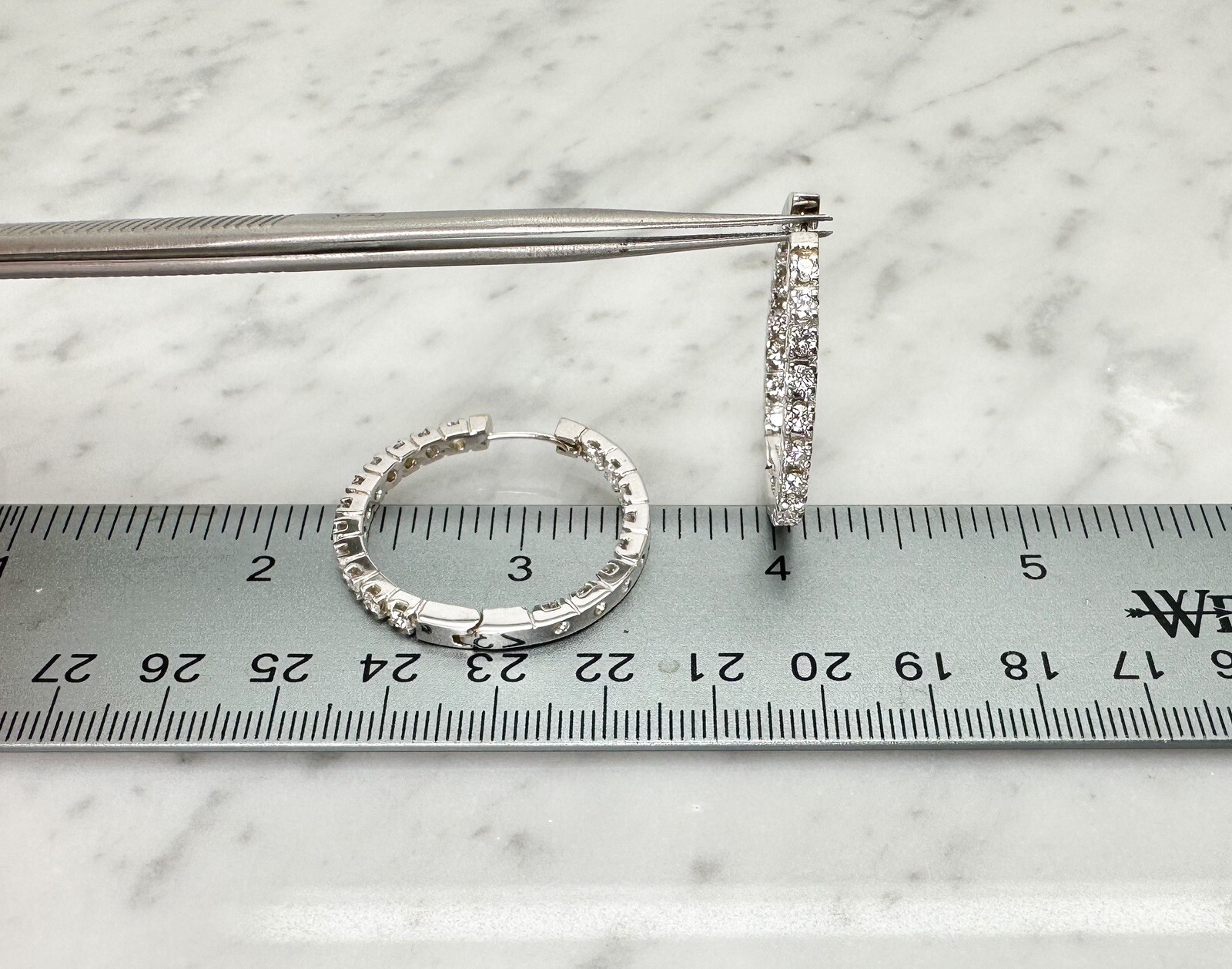 18K White Gold 2 ctw Inside Outside 1 inch Diamond Hoop Earrings L416 - Image 12