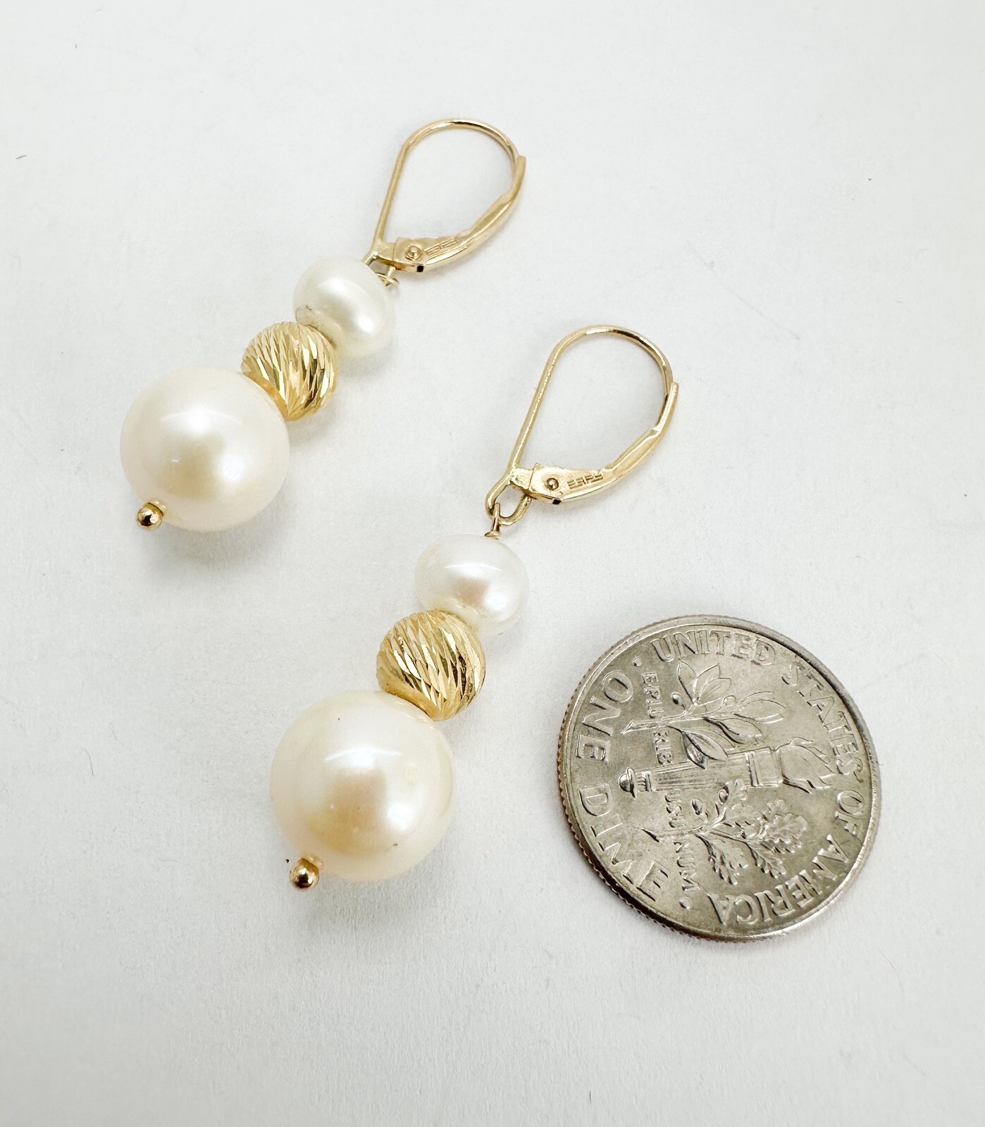 EFFY 14K Yellow Gold Pearl & Ribbed Gold Ball Dangle Earrings N131 - Image 9