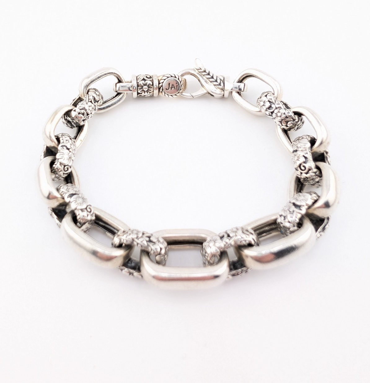 Sterling Silver 925 JAI John Hardy Floral Textured Link Bracelet 17286 - Image 7