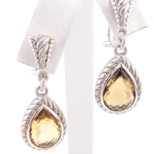 Judith Ripka Sterling Silver 925 Smoky Quartz Dangle Clip on Earrings OAK522