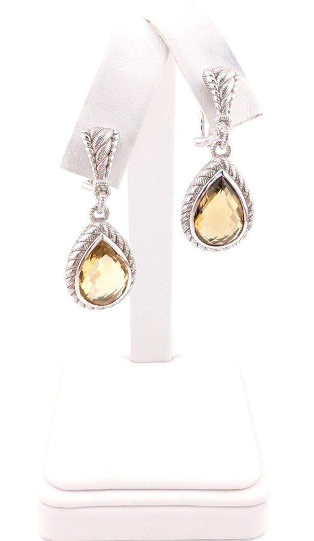 Judith Ripka Sterling Silver 925 Smoky Quartz Dangle Clip on Earrings OAK522 - Image 2