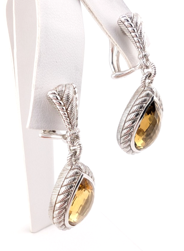 Judith Ripka Sterling Silver 925 Smoky Quartz Dangle Clip on Earrings OAK522 - Image 3